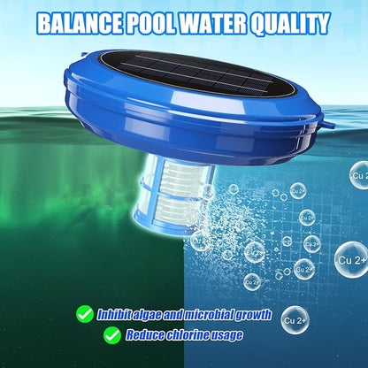 Solar Pool Ionizer & Cleaner: Automatic Floating Water Purifier with Upgraded Copper Ionizer & 4 Scum Absorber Balls, Treats Up to 45, 000 Gallons for Above/In-Ground Pools & Spas