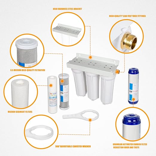 External RV Filter System RV Water Filter Store System Install with Bracket, 3-Stage RV Water Purifier Filtration System Compatible with Marines Boats and RVs