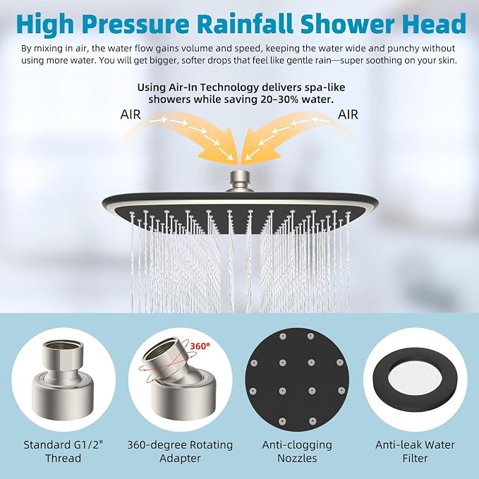 iFealClear Rain Shower Head with 12" Shower Extension Arm, 10" High Pressure Boosting Rainfall Showerhead, All Metal Shower Head Extender Adjustable Height/Angle, 1-Min Installation, Brushed Nickel
