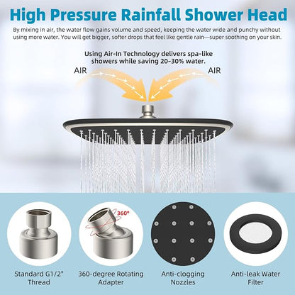 Rain Shower Head with 16" Shower Head Extension Arm, 10" High Pressure Boosting Rainfall/Fixed Showerhead, Metal Shower Head Extender Adjustable Height/Angle, 1-Min Installation, Brushed Nickel