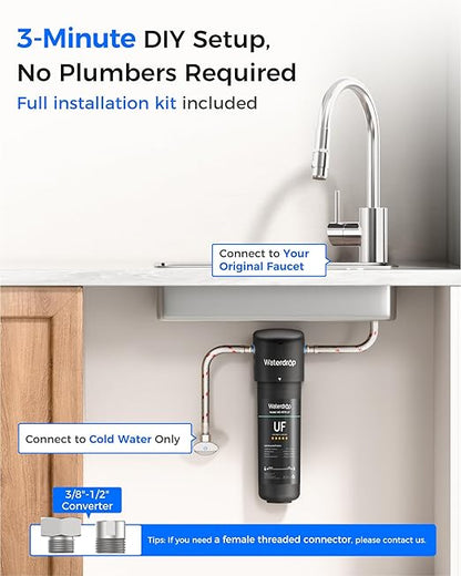 Waterdrop 10UA-UF 0.01 μm Ultra Filtration Under Sink Water Filter System, 1 Year, Reduces Lead, Chlorine, Bad Taste & Odor, Direct Connect to Kitchen Faucet, USA Tech