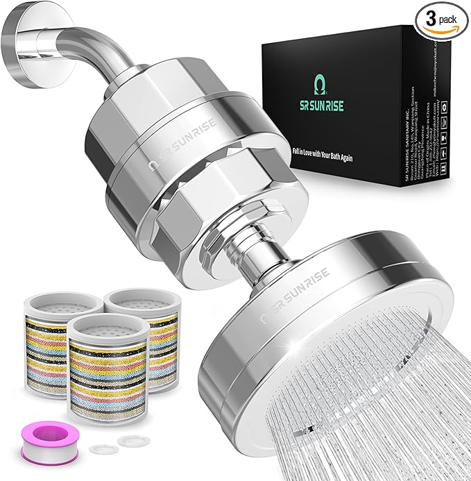 SR SUN RISE Filtered Shower Head with 3 Replaceable Filter Cartridges, 20+3 Stage Shower Filter Head for Hard Water, High Pressure Shower Head with Filters Removes Chlorine, Harmful Substances