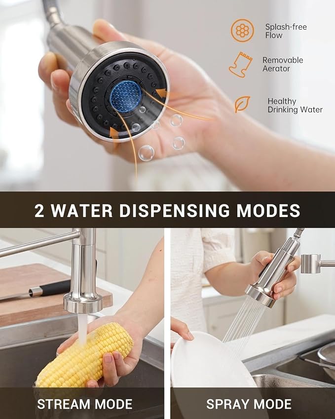 APPASO Kitchen Faucet with Soap Dispenser Pull Down Sprayer Brushed Nickel | NSF/ANSI/CAN 372 & Lead-free, SUS304 Stainless Steel 3 Modes Faucet for Farmhouse, Bar & RV
