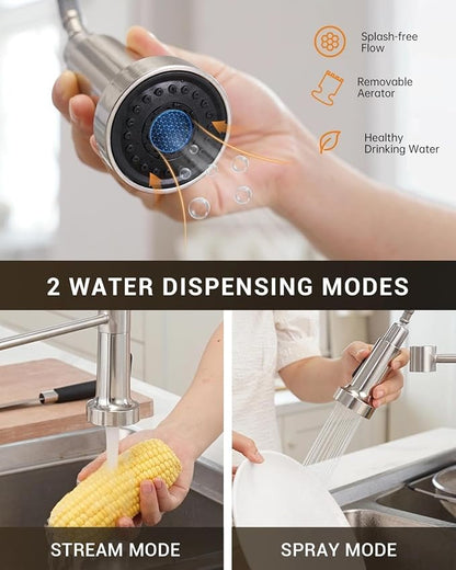 APPASO Kitchen Faucet with Soap Dispenser Pull Down Sprayer Brushed Nickel | NSF/ANSI/CAN 372 & Lead-free, SUS304 Stainless Steel 3 Modes Faucet for Farmhouse, Bar & RV