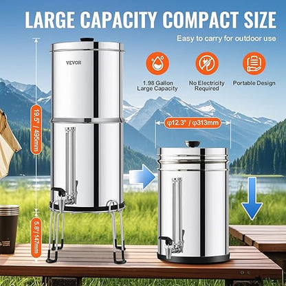 VEVOR Gravity-fed Water Filter System, 2.25G 304 Stainless-Steel Countertop Filtration System, Reduces Lead and up to 99% of Chlorine, with 2 Activated Carbon Filter, 2 Defluorination Filter, Spigot