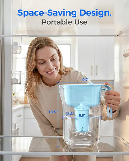 Waterdrop PT-11BL 7-Cup Alkaline Water Filter Pitcher with 3 Replacement Filters, Can Work with Brita® Water Pitchers & Filters, Smooth-Tasting Water, Increases PH, Up to 6 Months, Blue