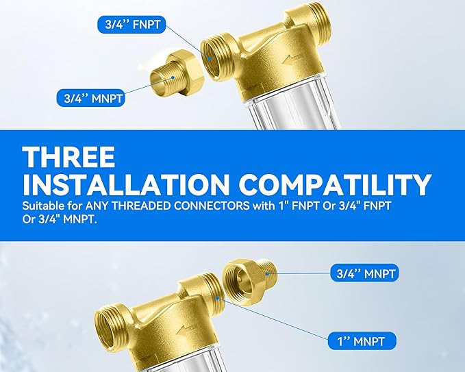 POHIR Spin Down Sediment Filter 40/100/200 Micron, Reusable Water Filter for Whole House Pre-Filtration System, 1" MNPT + 3/4" FNPT + 3/4"MNPT with Sewage Drain Pipe