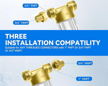 POHIR Spin Down Sediment Filter 40/100/200 Micron, Reusable Water Filter for Whole House Pre-Filtration System, 1" MNPT + 3/4" FNPT + 3/4"MNPT with Sewage Drain Pipe