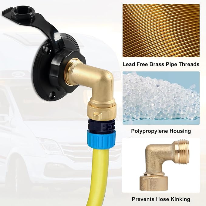 RV City Water Inlet with Check Valve – RV Water Inlet Connection, RV Water Fill Inlet with 3/4" NH Female to 1/2" NPT Male, Ideal for RV, Travel Trailers, Camping, and Boats in Black (with Hose Elbow)