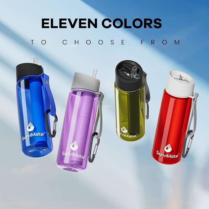SurviMate 5-Stage 0.01μm Ultra-Filtration Filtered Water Bottle, BPA-Free Material, NSF/ANSI 42 Certified, Portable Water Filter Bottle for Survival, Camping, Hiking, and Emergency Use