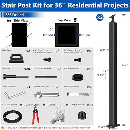 36" Modular 2-8FT Black T304 Stair Cable Railing Post Kit, Complete Cable Railing System with 2 Stair Posts, 98ft 1/8" Wire Rope(No Handrail), Adjustable Length Easy DIY for 28-38° Stairway