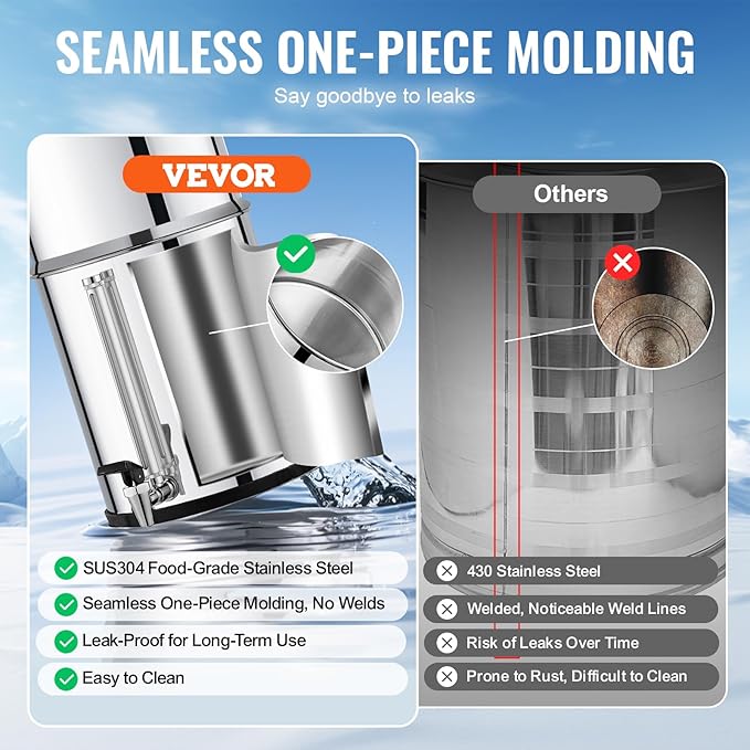 VEVOR Gravity-fed Water Filter System, 2.25G 304 Stainless-Steel Countertop System, Water Filtration System, Reduces Lead and up to 99% of Chlorine, with 2 Carbon Filters, Water Level Spigot, Stand