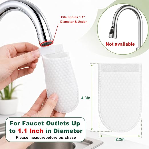 Faucet Filter Cotton Bags - Fits Spouts 1.1" & Under, Traps Limescale, Rust & Sediment, High Density Splash-Proof Universal Faucet Filter for Kitchen Sink Bathroom, 100PCS & 20 Fixed Straps