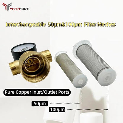 Spin Down Sediment Water Filter System with Pressure Gauge, 50&100 Micron Stainless Steel filter Mesh Pre-Filter for City/Well Water, 1" MNPT & 3/4" FNPT/MNPT Ports, Easy Backwash Cleaning