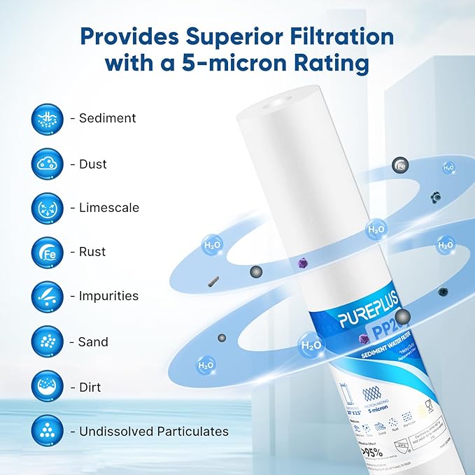PUREPLUS 5 Micron 20" x 2.5" Whole House Sediment Home Water Filter, 20-inch Sediment Pre-Filtration, Replacement Cartridge Aqua Pure AP110-2C, Pentek P1-20/SP-P1-20/PX01-20, 6Pack