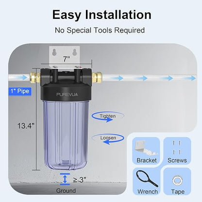 PWT10 Whole House Water Filter Housing, Fits 10” x 4.5” Big Blue Filters, Inline Pre-Filtration System for RV, Home Well and City Water Sediment etc with 1" NPT Port, Pressure Relief Valve