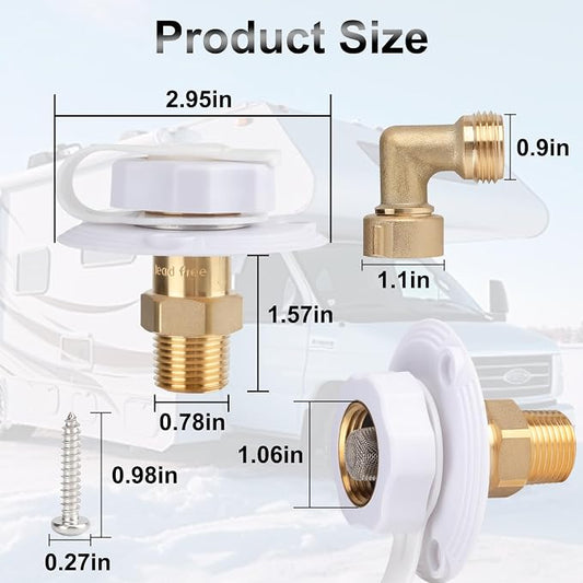 RV City Water Inlet with Check Valve – RV Water Inlet Connection, RV Water Fill Inlet with 3/4" NH Female to 1/2" NPT Male, Ideal for RV, Travel Trailers, Camping, and Boats in White (with Hose Elbow)