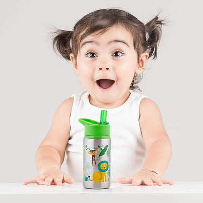 Stephen Joseph Stainless Steel Water Bottles, 18 OZ, Straw lid, Reusable tumbler, Insulated, Zoo