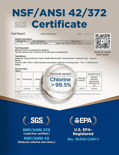 NOVETE Under Sink Water Filter UWF0A‑PC, NSF/ANSI 42 & 372 Certified, Reduces 99.5% Chlorine, Lead, PFOA/PFOS, Bad Taste, Direct Connect to Kitchen Faucet, 30K Gallons, USA Tech, White