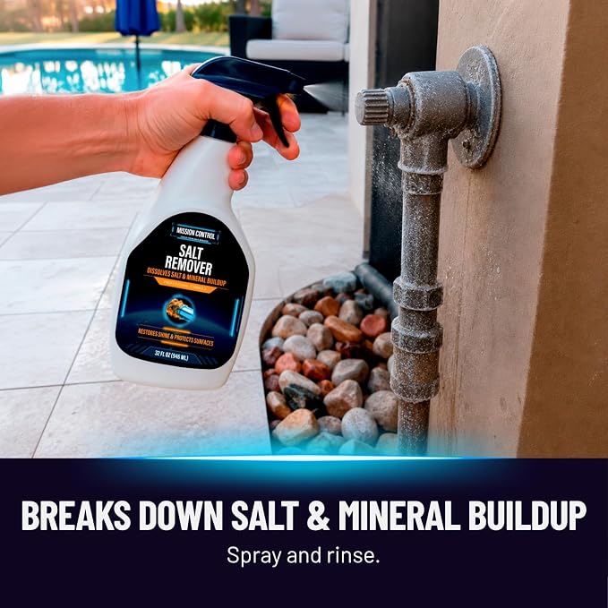 Mission Control 32 oz Salt Remover Spray for Boats, Cars & Pools - Dissolves Salt, Brine, Mineral & Hard Water Buildup on Outdoor Metal & Sealed Floors - Saltwater Residue Cleaner