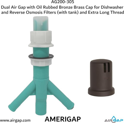 Dual Air Gap with Oil Rubbed Bronze Brass Cap for Dishwasher and Reverse Osmosis Filters (with tank) and Extra Long Thread (AG200-305, AG200-X05, AMERIGAP)