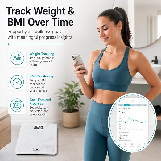 Vive Smart Body Weight Scale (550lbs Capacity) - Heavy Duty Bariatric Digital Scale for BMI - Plus Size, Large Display - Bathroom Device for Health Extra Wide Base & Smartphone Connectivity