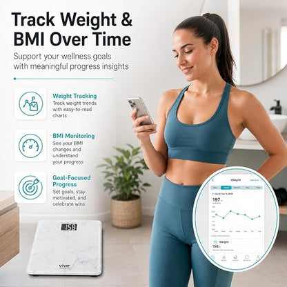 Vive Smart Body Weight Scale (550lbs Capacity) - Heavy Duty Bariatric Digital Scale for BMI - Plus Size, Large Display - Bathroom Device for Health Extra Wide Base & Smartphone Connectivity