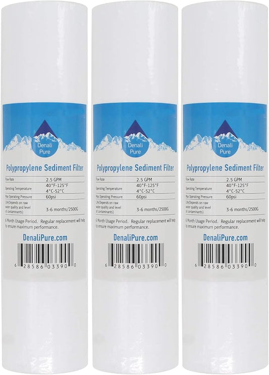 3-Pack Replacement for Aqua Pure AP101T Polypropylene Sediment Filter - Universal 10-inch 5-Micron Cartridge Compatible with Aqua Pure AP101T Whole House Water Filter - Denali Pure Brand