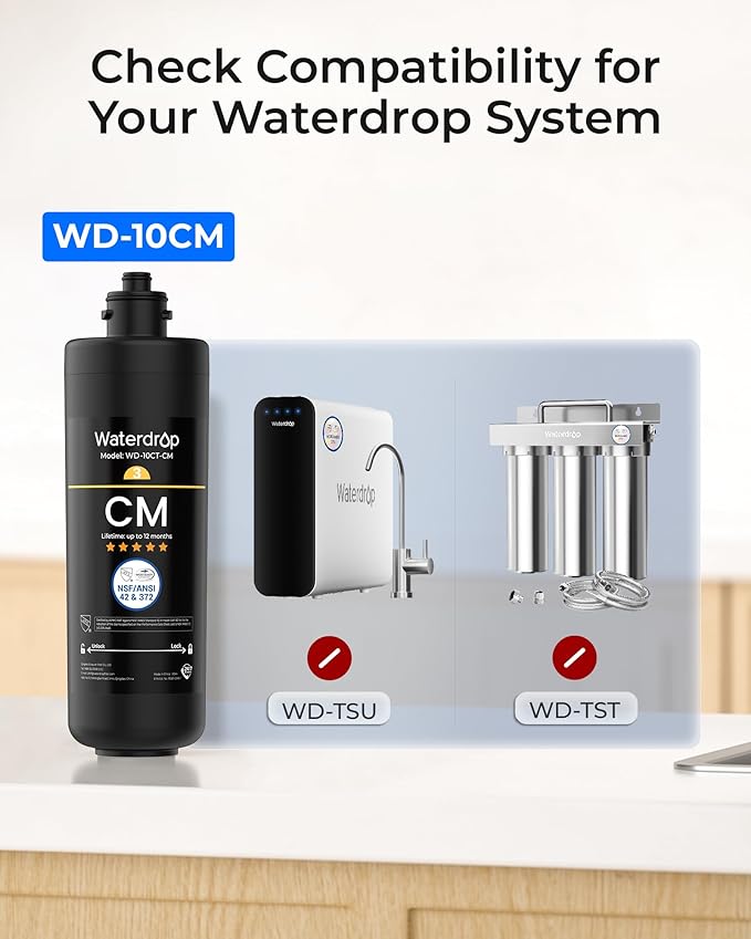 Waterdrop WD-10CM Water Filter Replacement for Waterdrop TSB-CM 3-Stage Under Sink Water Filter System, 12 monthsUnder Sink Water Filtration System, Reduces Chloramine Bad Taste & Odor