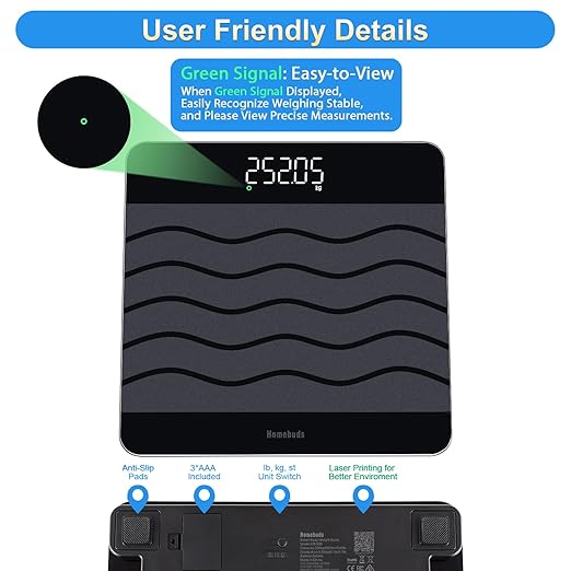 Homebuds 660lb Scale for Body Weight, Precision 0.1lb by Our Professional Scale Factory Since 2001, Smart Digital Weight Scale BMI Via APP, 8mm Non Slip Tempered Glass 12.4 * 12.4in, LED, Black