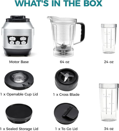 DUMOS Smoothie Blender for Kitchen with 6 Blades, Personal Blender for Smoothies with 24 34 60 oz BPA-Free Cups, Large Capacity, Portable and Easy Clean, for Ice Crush, Shakes, Sauces, Silver