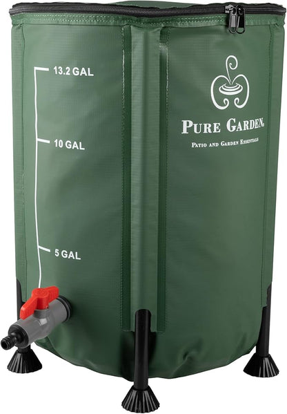 Rain Barrel - 13.2-Gallon/50-Liter Collapsible Water Container for Catching Rainwater - Portable Water Tank with Outflow Valve by Pure Garden (Green)