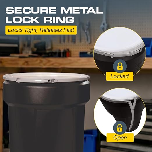 Eagle Plastic Drum, 55 Gallon Drum, DOT Compliant, Made in USA, Black | High-Density-Polyethylene Construction, Open Head Lab Pack Drum, Metal Lever-Lock Lid, Hazardous Material Storage, Transport
