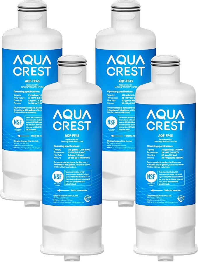 AQUA CREST AQF-FF45 Replacement for Samsung® DA97-17376B, DA97-08006C, HAF-QIN/EXP, RS27T5200SR, RF28T5001SR, RF24R7201SR, RF28R6201SR, Refrigerator Water Filter, 4 Pack