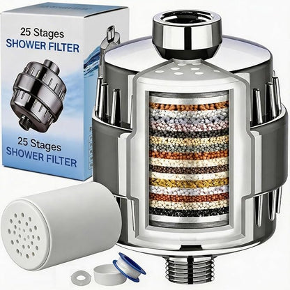 Shower Filter for Hard Water with 1pcs 25-Stage Filter Cartridge | Help Reduce Chlorine, Odors & Other Impurities for Softer-Feeling Skin & Hair, High Output Shower Water Filter, Universal Fit