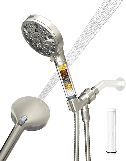 Filtered Handheld Shower Head for Hard Water, High Pressure Showerhead with 7 Spray Modes, Power Jet & Pause, Detachable & Adjustable for Healthier Skin & Hair - Brushed Nickel (VMASSTONE HM-003)