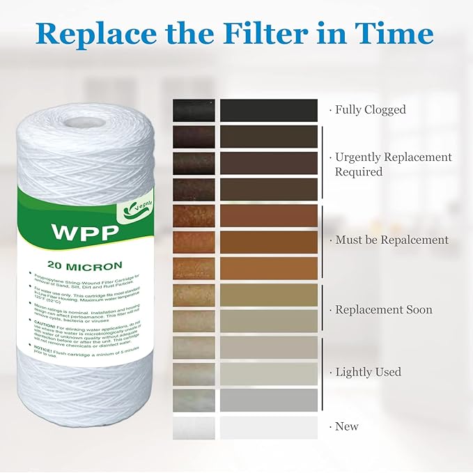 20 Micron Water Filter 10" x 4.5", 10-inch Whole House Heavy Duty String Wound Sediment Pre-Filters for Well Water, Replacement Cartridge for WP25BB97P, RS24, SWC-45-1020, PC10, 4-Pack