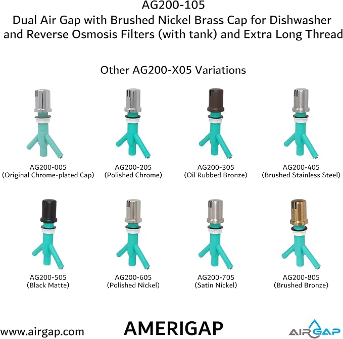 Dual Air Gap with Brushed Nickel Brass Cap for Dishwasher and Reverse Osmosis Filters (with tank) and Extra Long Thread (AG200-105, AG200-X05, AMERIGAP)