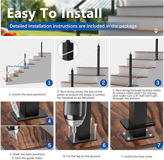 36" T304 Cable Railing Stair Post(Post 35"x2"x2"), Modular 33° Drilled Railing Post with Cable Grommets Fit for 28-38° Stairs, Adjustable Top Stainless Steel Black Finish Staircase Deck Post