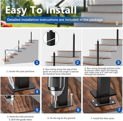 36" T304 Cable Railing Stair Post(Post 35"x2"x2"), Modular 33° Drilled Railing Post with Cable Grommets Fit for 28-38° Stairs, Adjustable Top Stainless Steel Black Finish Staircase Deck Post