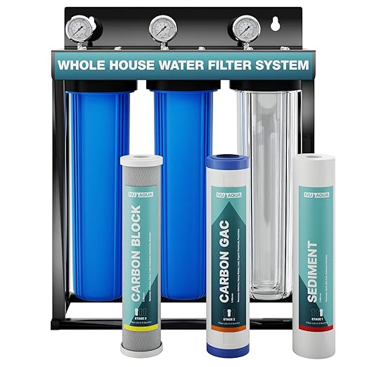 Nu Aqua 3-Stage Main Line Whole House Water Filter System w/Pressure Gauges (20” x 4.5”) | Reduce Heavy Metals, Chlorine, Odors | Sediment, Granular Carbon, Carbon Block - Home Filtration