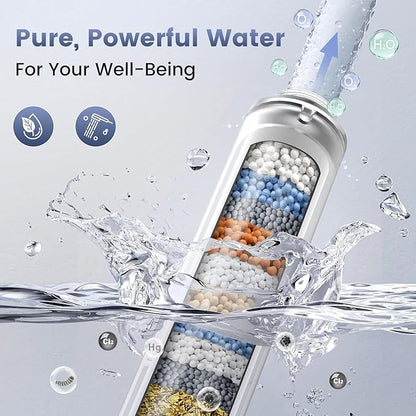PWERAN High Pressure Shower Head with Handheld, Filtered Shower Head with 8 Mode, Water Softener Anti-clog Nozzles, Built-in Power Wash, Stainless Steel Hose,Overhead Brackets