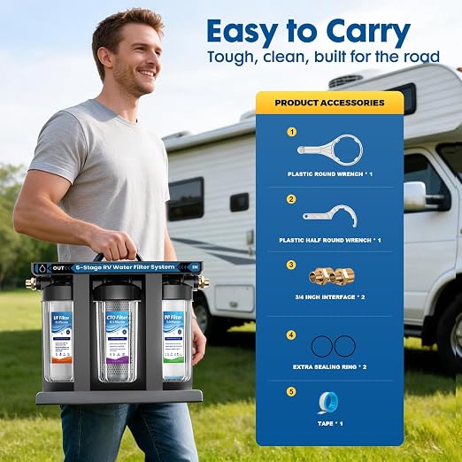 RV Water Filter System,0.01 Micron Camper Water Filter System, 5-Stage RV Water Filtration System Reduces Sediments, Chlorine, Vocs, Heavy Metals, Odors for Travel Trailers, Boats, 1" Inlet/Outlet