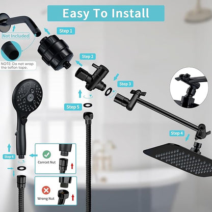 8'' Dual 20 Stage Filtered Shower Head with Handheld, 6 Spray Settings Handheld Shower Head High Pressure Rainfall Filter Combo with 12'' Adjustable Extension Arm, 71'' Shower Hose (Matte Black)