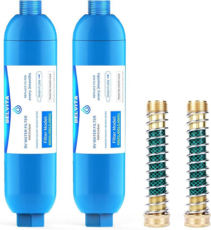 BELVITA RV Inline Water Filter with Hose Protector Reduces Lead, Fluoride, Chlorine, Bad Taste, Odor in Drinking, Washing with 2 Flexible Hose Protector,Dedicated for RVs and Marines,2 Pack