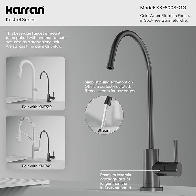 Karran Kestrel Single-Handle Filtered Water Faucet in Gunmetal Grey 100% Lead-Free Brass, RO/Filtration System Ready, 360° High-Arc Spout, Spot-Free Finish Beverage Faucet (Spot Free Gunmetal Grey)