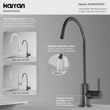 Karran Kestrel Single-Handle Filtered Water Faucet in Gunmetal Grey 100% Lead-Free Brass, RO/Filtration System Ready, 360° High-Arc Spout, Spot-Free Finish Beverage Faucet (Spot Free Gunmetal Grey)