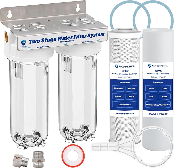 Dual Stage RV Water Filter System, Camper Water Filter, Inline Filtration for RVs, Boats, Motorhomes, Marine & Garden, with 304 SS Mounting Bracket & 3/4" GHT Garden Hose Fitting, Includes PP & CTO