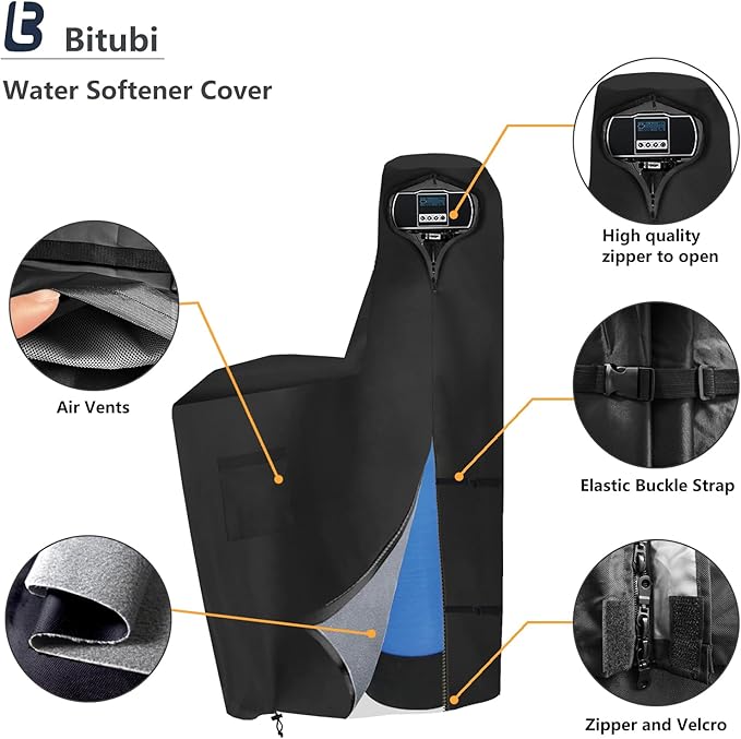 Bitubi Water Softener Insulated Cover with Plush Lining, Waterproof Outdoor Water Softener Winter Cover to Endure Freezing Temperatures (64" H x 40" W x 16" D, Black)