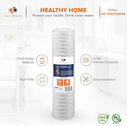 Aquaboon 1 Micron Whole House 20" x 4.5" String Wound Water Filter Replacement Cartridge for Well Water Compatible with SWC-25-2005, P5-20, 4-Pack